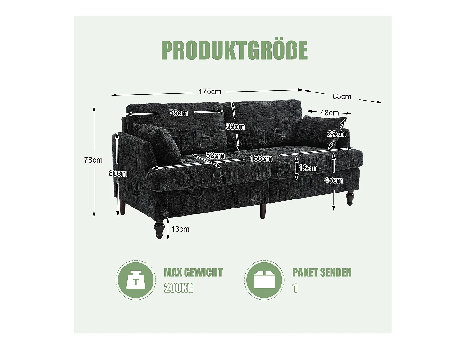 Canapé 2 places avec éclairage LED et port USB, pieds en bois - tissu chenille noir