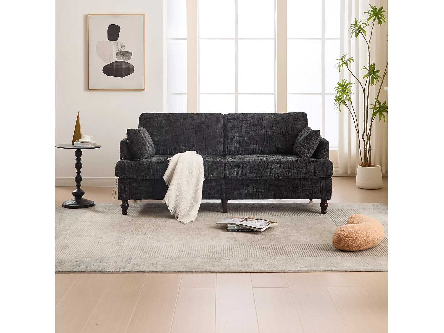 2-Sitzer-Sofa mit LED-Beleuchtung und USB-Anschluss, Holzfüße - Chenille-Stoff schwarz