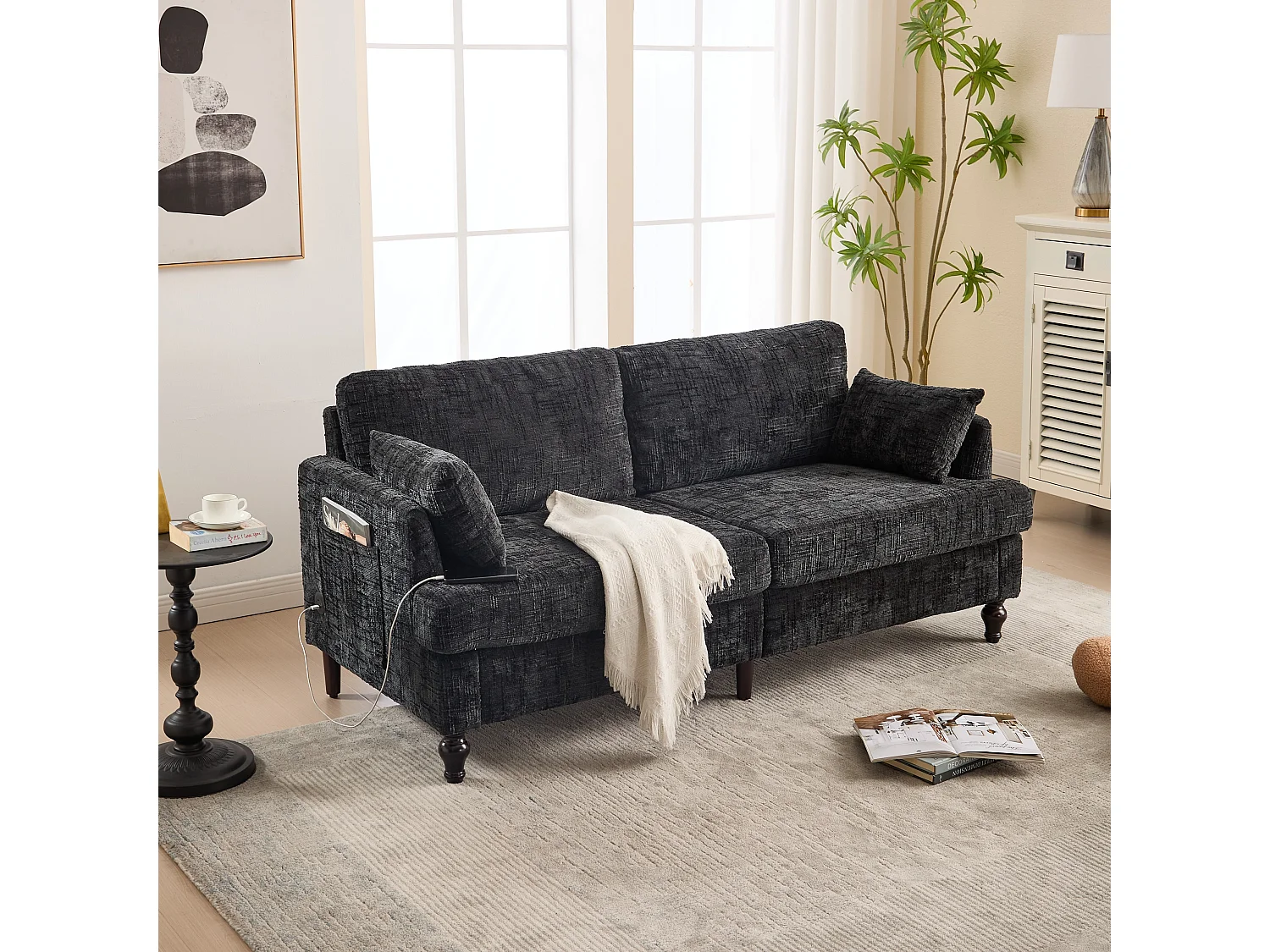 2-Sitzer-Sofa mit LED-Beleuchtung und USB-Anschluss, Holzfüße - Chenille-Stoff schwarz