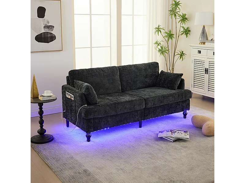 Canapé 2 places avec éclairage LED et port USB, pieds en bois - tissu chenille noir