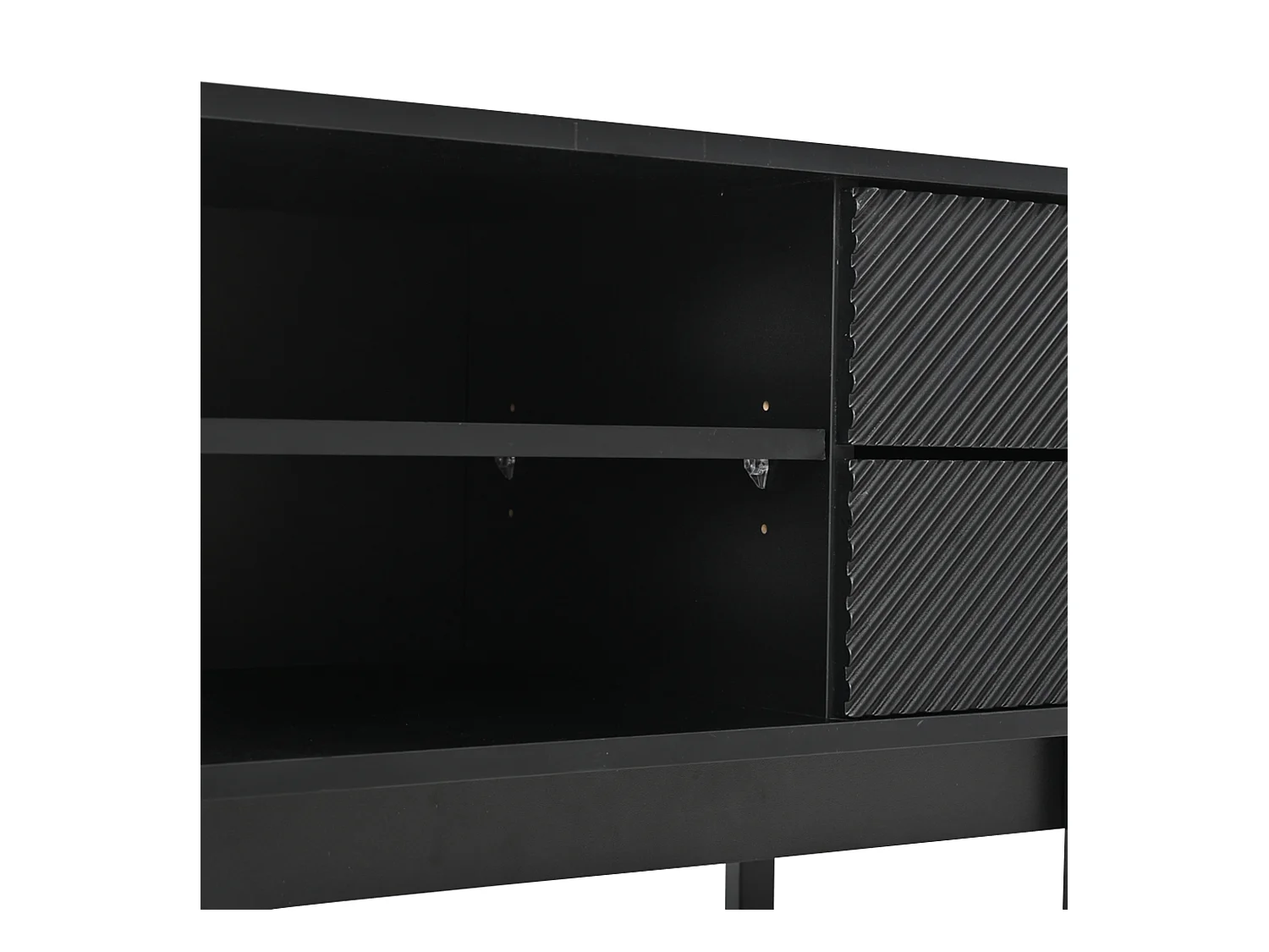 Szafka RTV czarna z 2 drzwiczkami i 2 szufladami, otwarte półki - Do salonu i biura