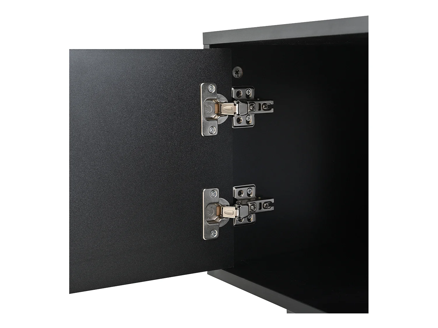 Szafka RTV czarna z 2 drzwiczkami i 2 szufladami, otwarte półki - Do salonu i biura