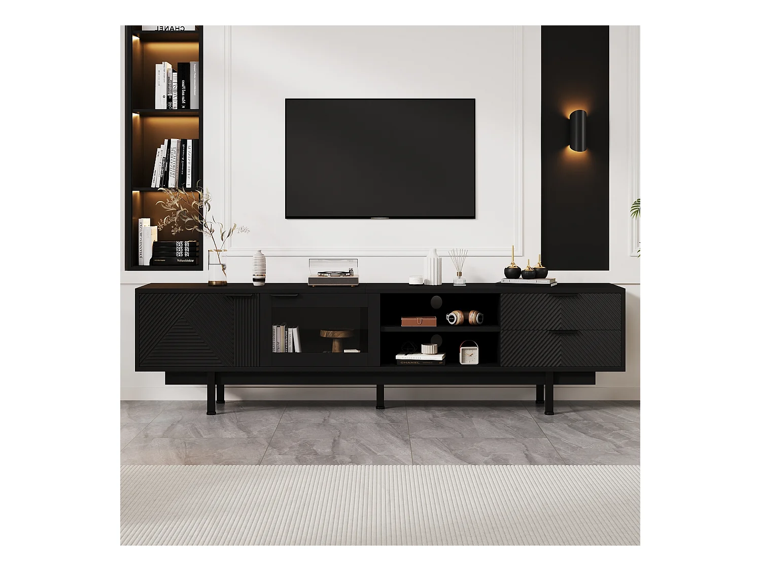 Meuble TV noir avec 2 portes et 2 tiroirs, étagères ouvertes - pour salon et bureaux