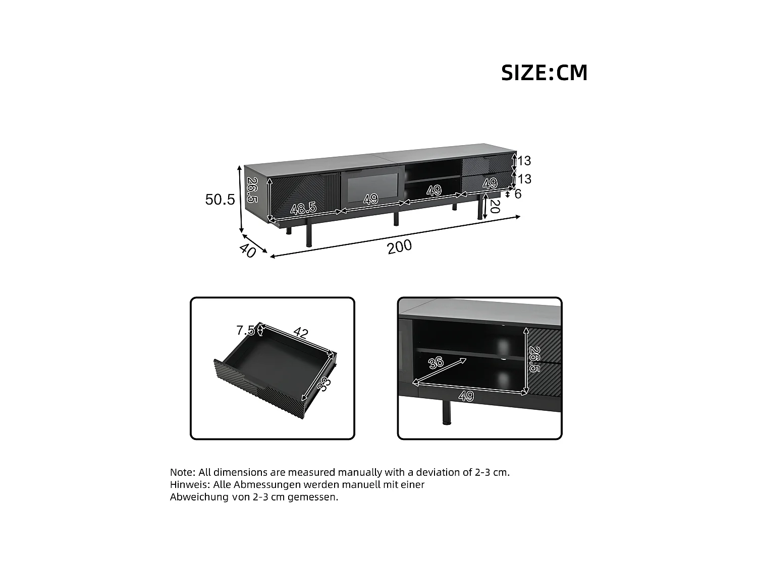 Mueble de TV negro con 2 puertas y 2 cajones, estantes abiertos - Para salón y oficina