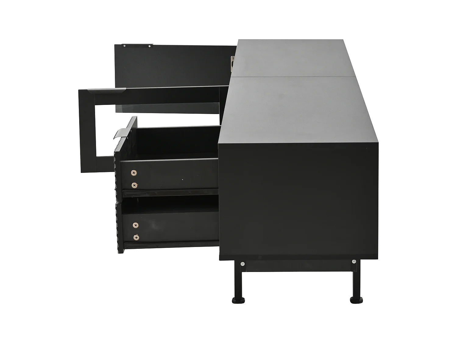 Mueble de TV negro con 2 puertas y 2 cajones, estantes abiertos - Para salón y oficina