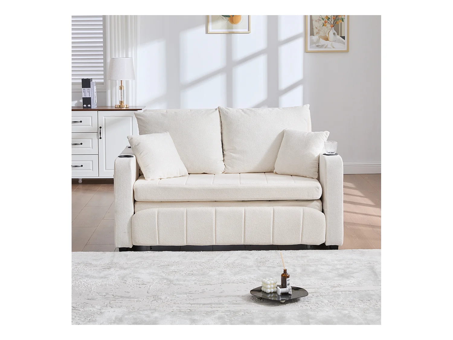 Canapé convertible avec poches latérales, porte-gobelets et ports de chargement USB - Chenille beige