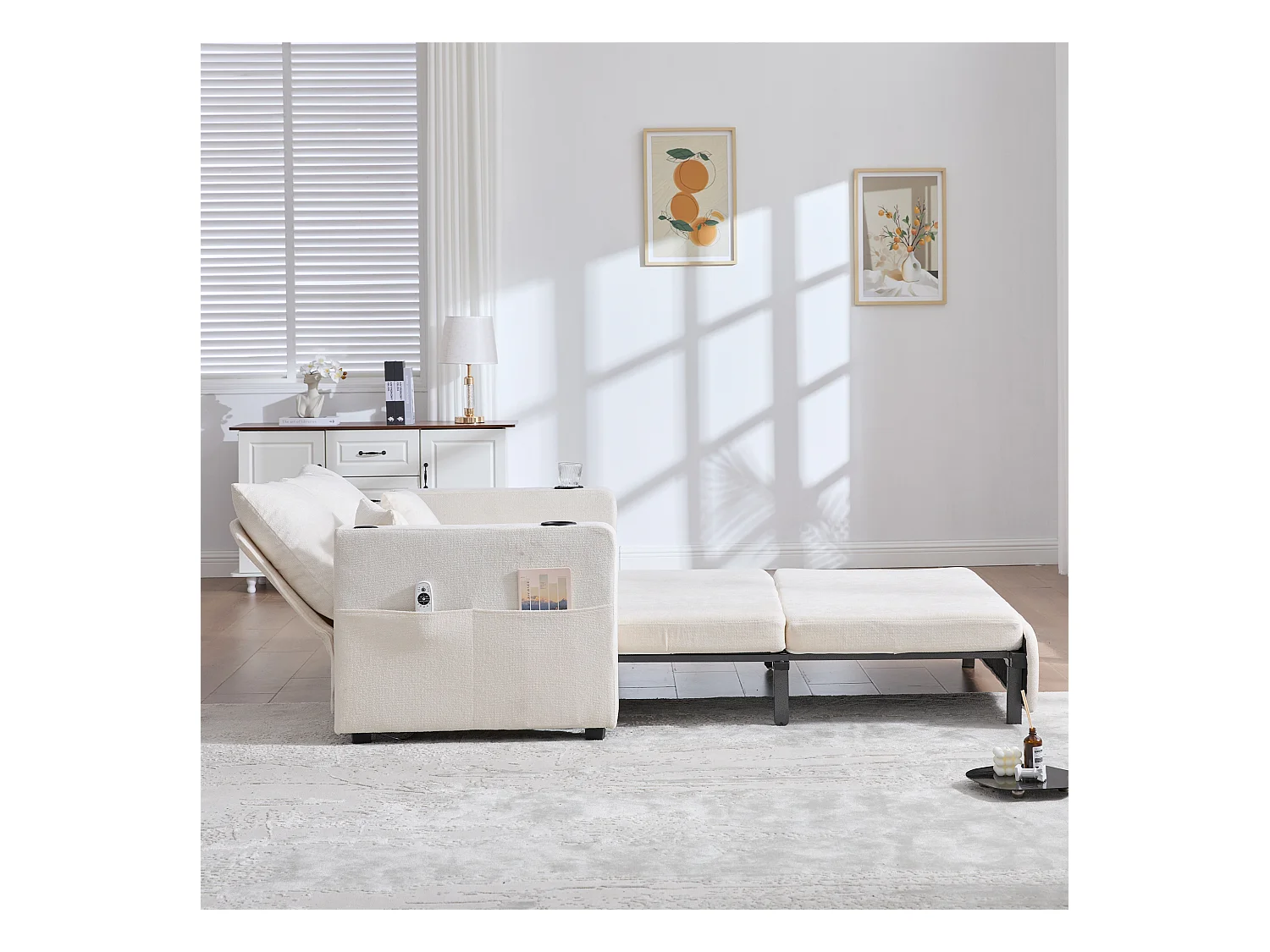 Canapé convertible avec poches latérales, porte-gobelets et ports de chargement USB - Chenille beige