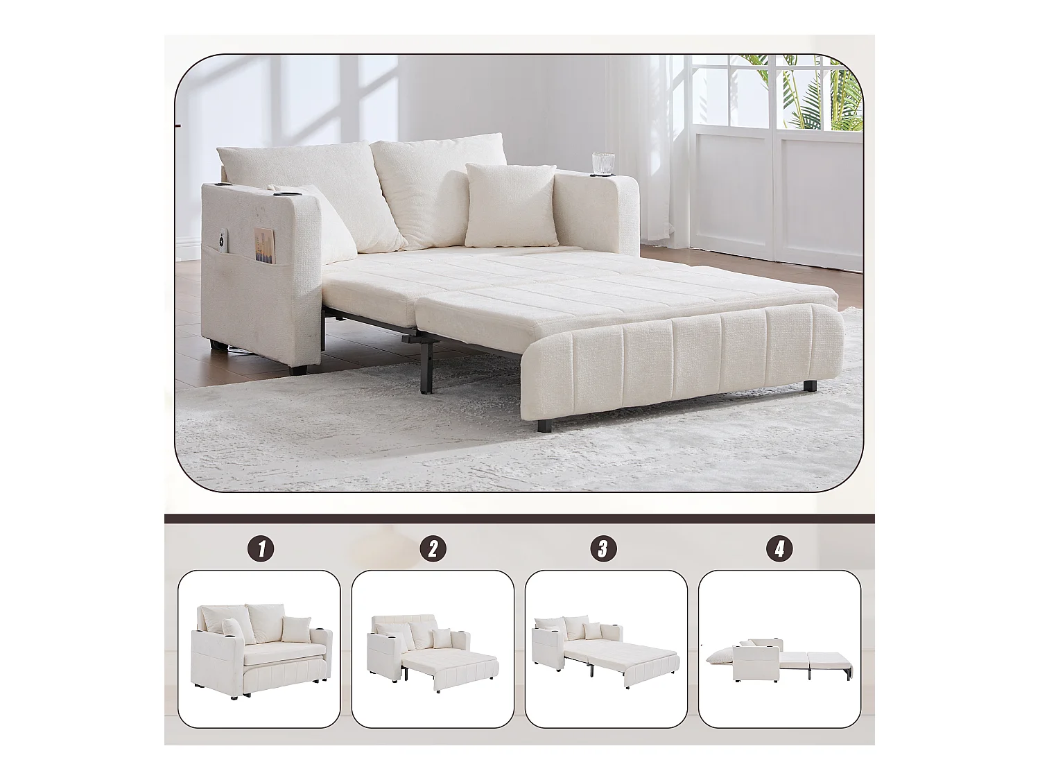 Canapé convertible avec poches latérales, porte-gobelets et ports de chargement USB - Chenille beige