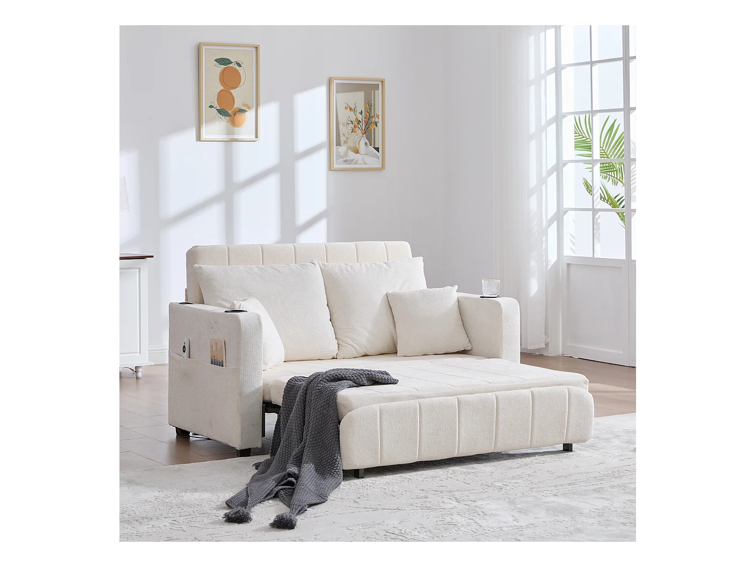 Canapé convertible avec poches latérales, porte-gobelets et ports de chargement USB - Chenille beige
