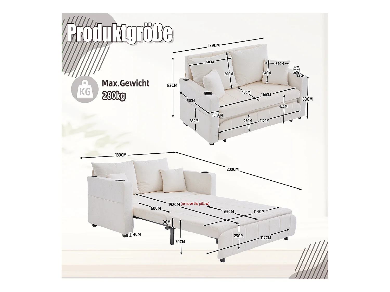 Wandelbares Sofa mit Seitentaschen, Getränkehaltern und USB-Ladeanschluss – Beigefarbenes Chenille
