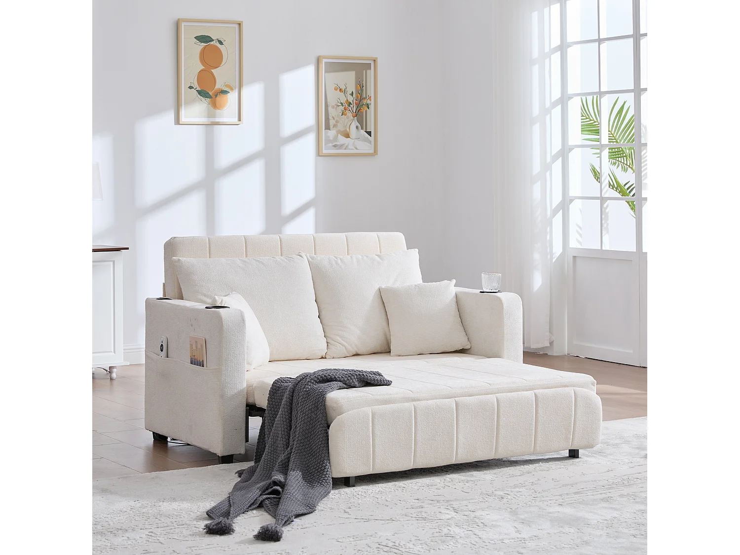 Canapé convertible avec poches latérales, porte-gobelets et ports de chargement USB - Chenille beige