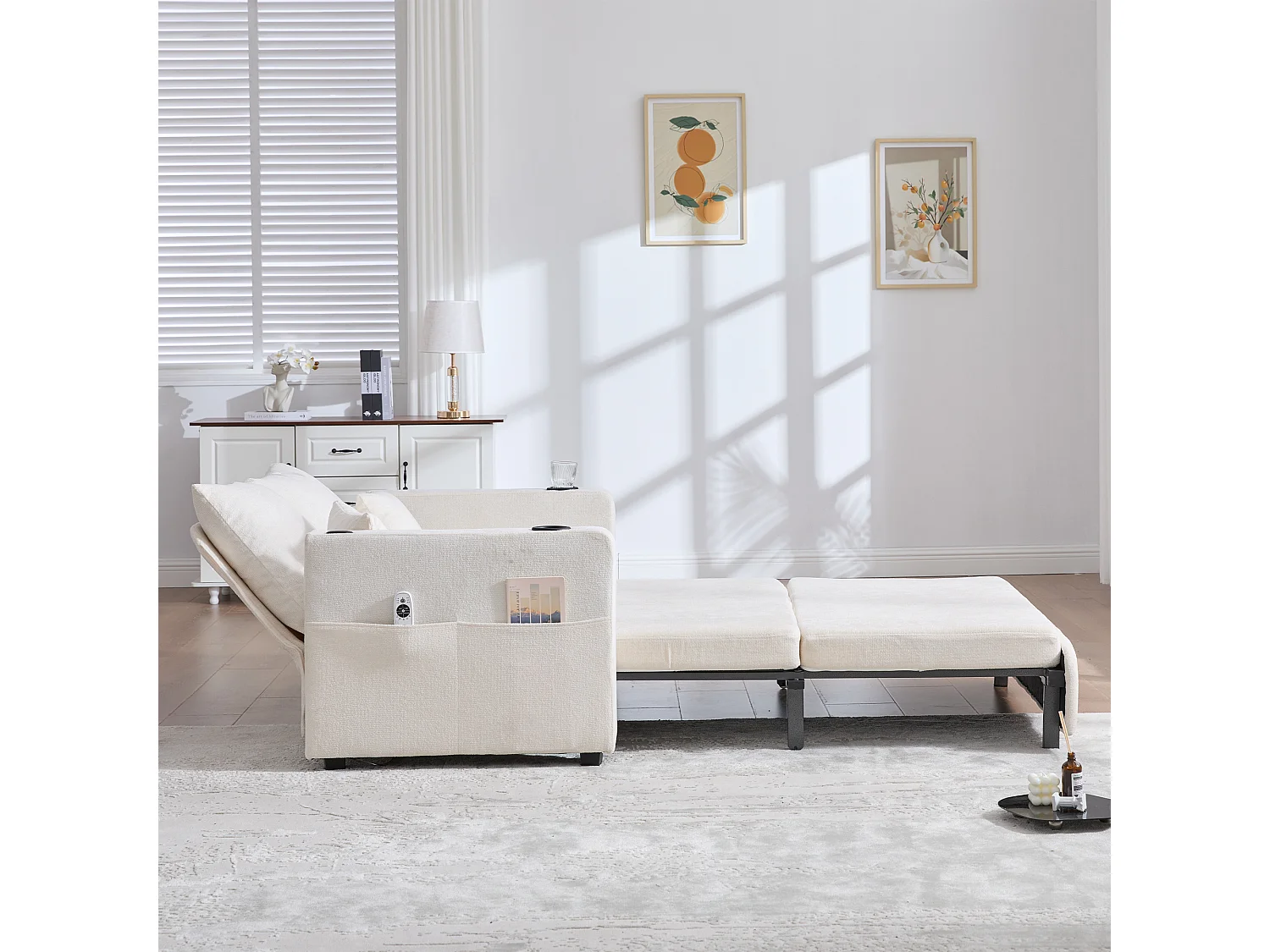 Canapé convertible avec poches latérales, porte-gobelets et ports de chargement USB - Chenille beige