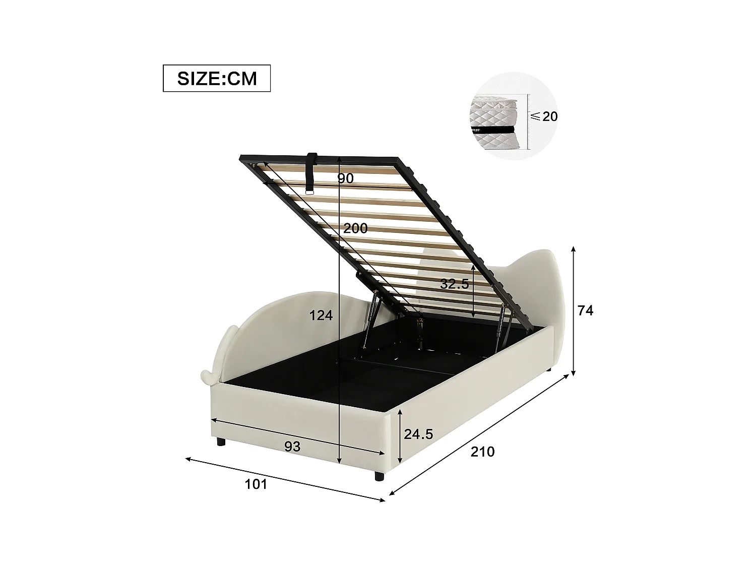 Kinderbed met opbergruimte 90x200 cm, gestoffeerd hoofdbord, linker zijpaneel, beige fluweel - zonder matras