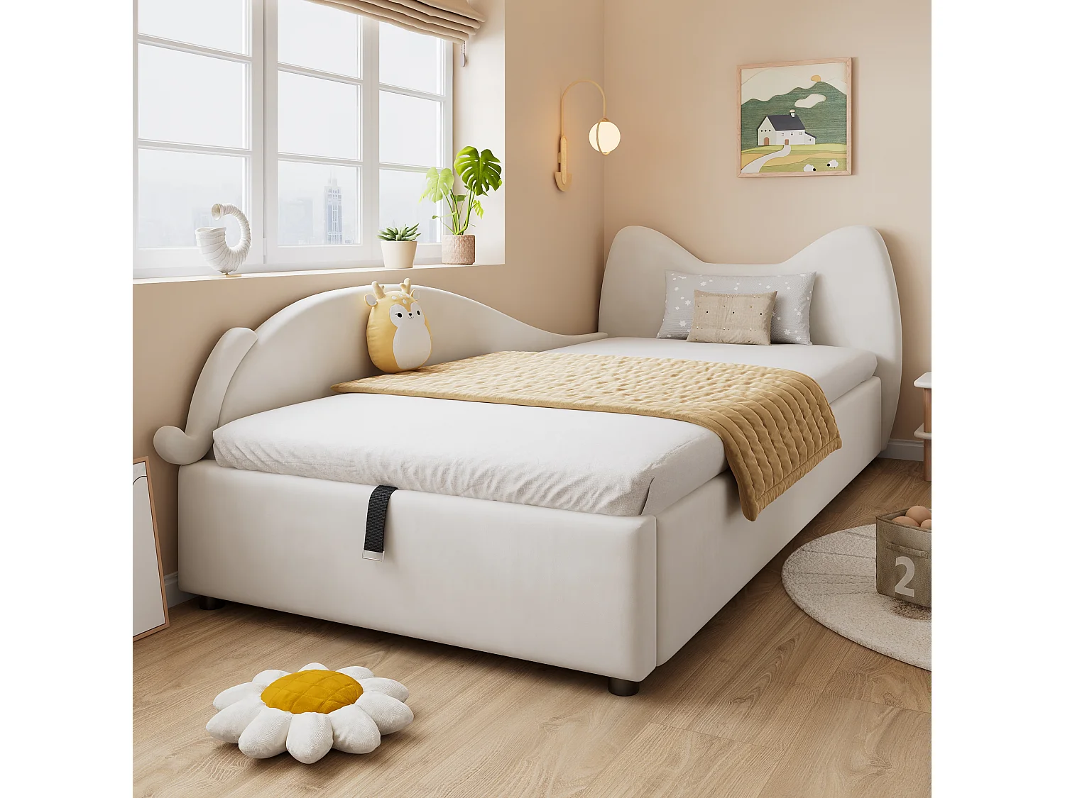 Lit coffre enfant 90x200 cm avec tête de lit rembourrée, panneau gauche, velours beige - sans matelas
