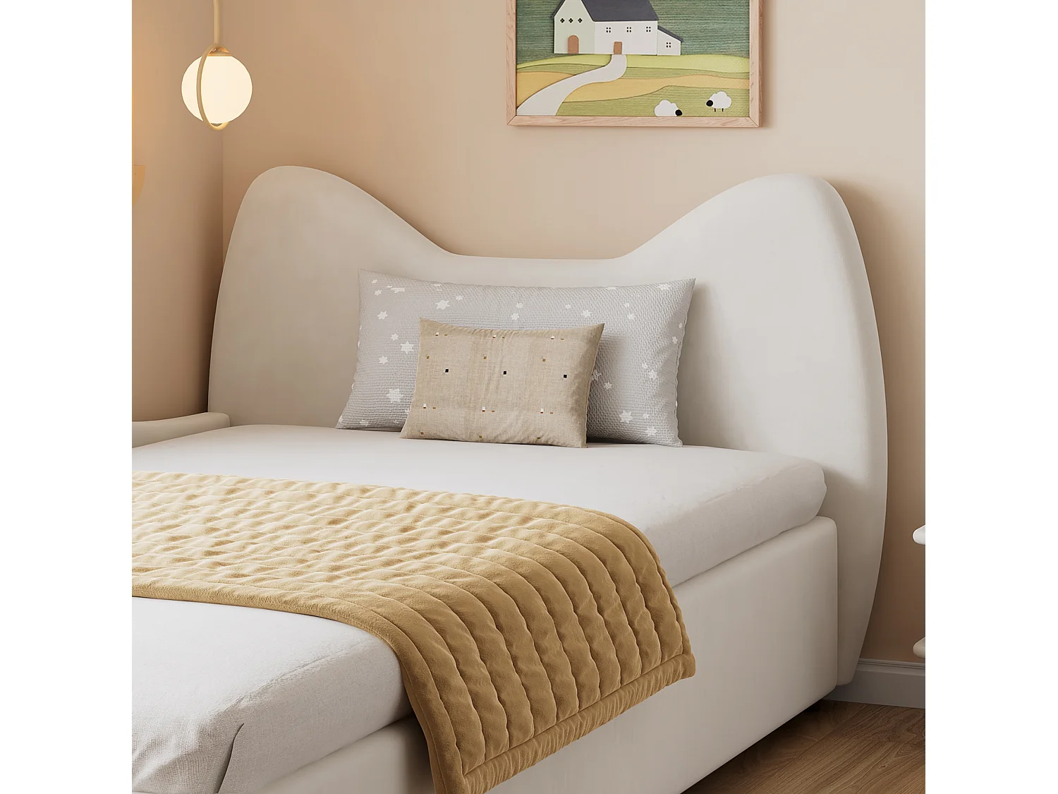 Lit coffre enfant 90x200 cm avec tête de lit rembourrée, panneau gauche, velours beige - sans matelas