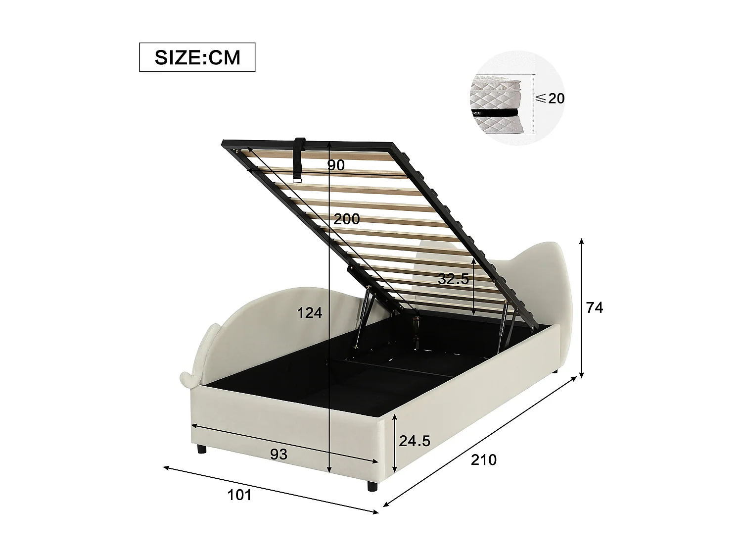 Lit coffre enfant 90x200 cm avec tête de lit rembourrée, panneau gauche, velours beige - sans matelas