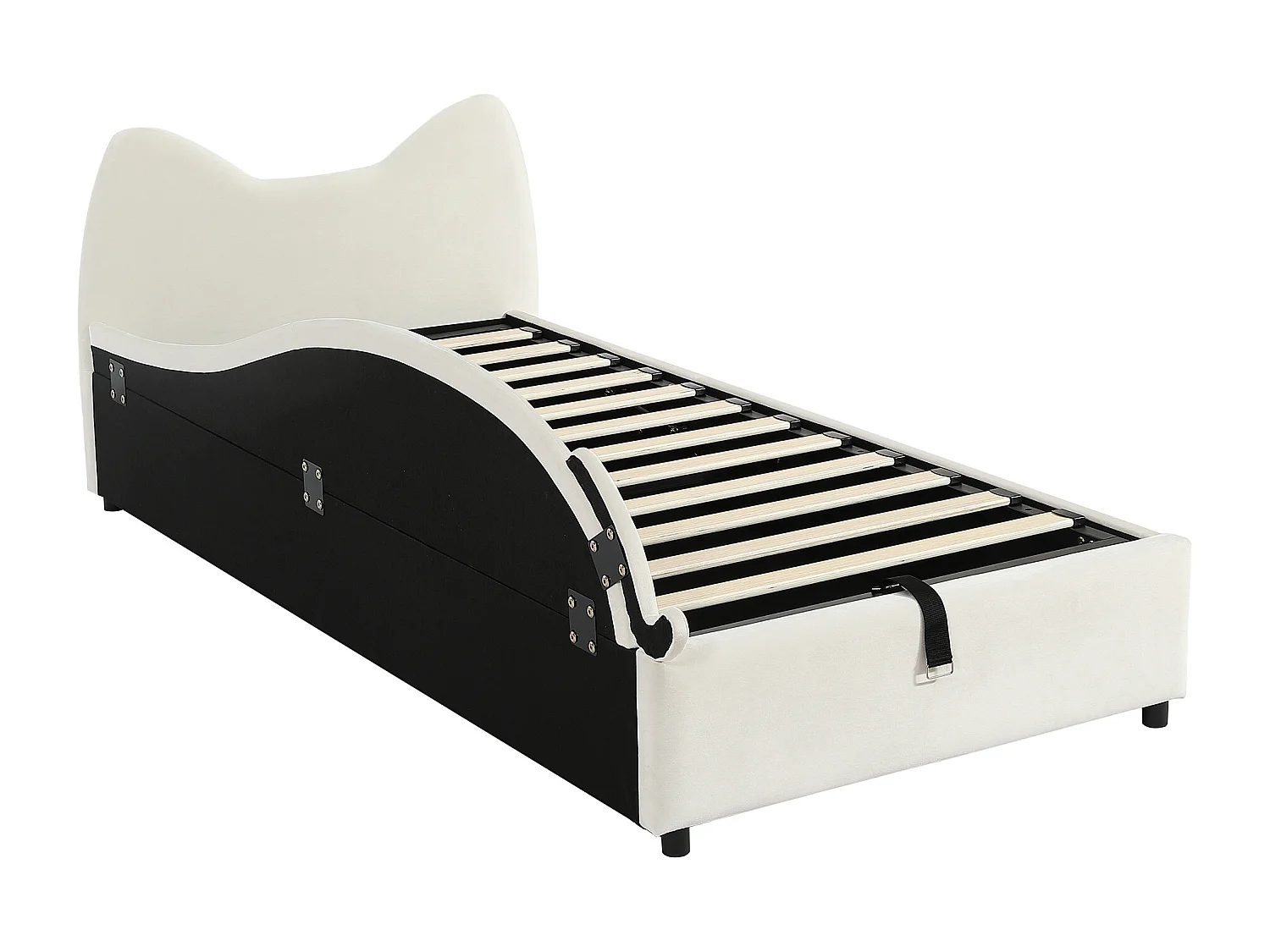 Lit coffre enfant 90x200 cm avec tête de lit rembourrée, panneau gauche, velours beige - sans matelas