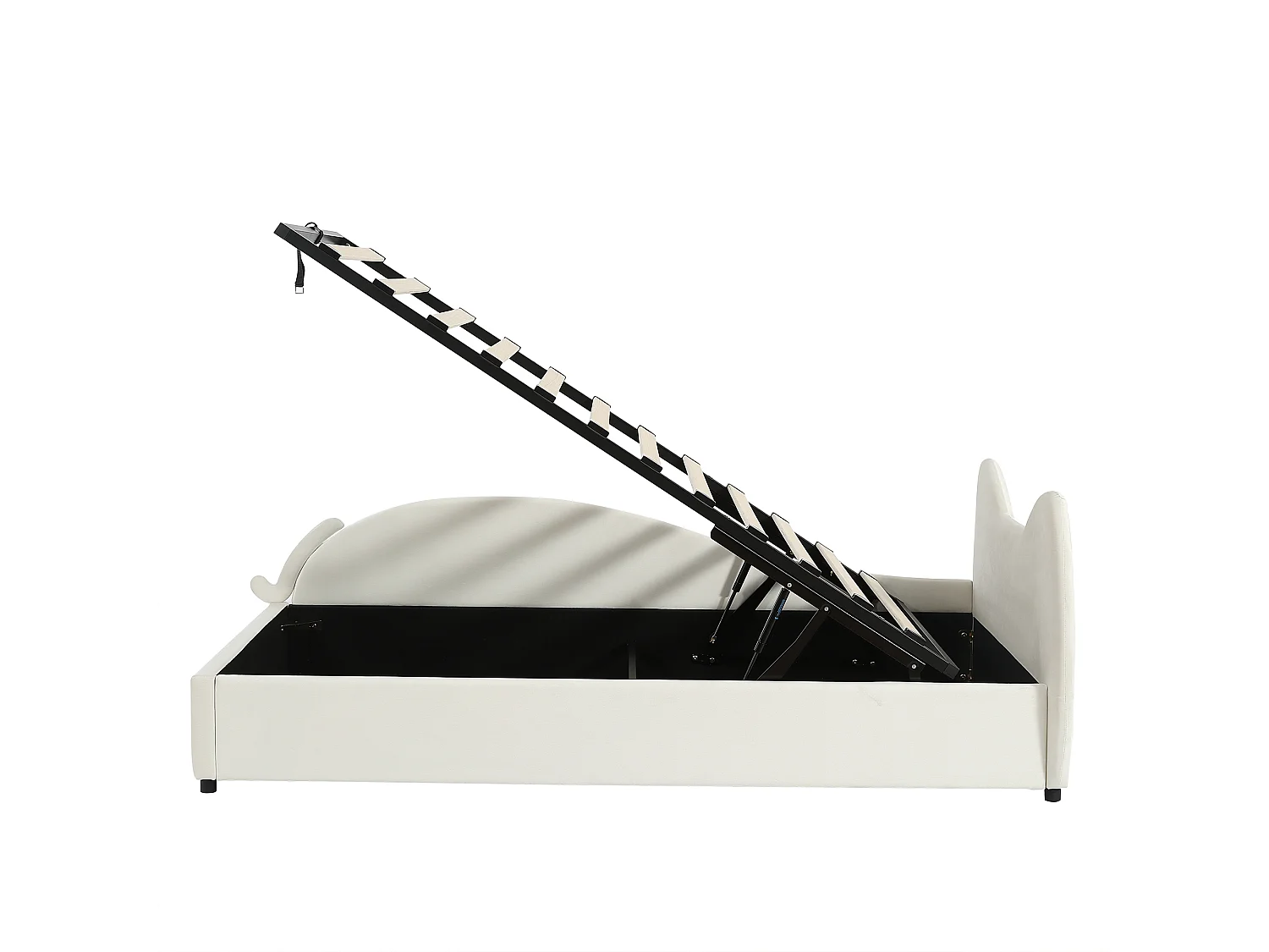 Lit coffre enfant 90x200 cm avec tête de lit rembourrée, panneau gauche, velours beige - sans matelas