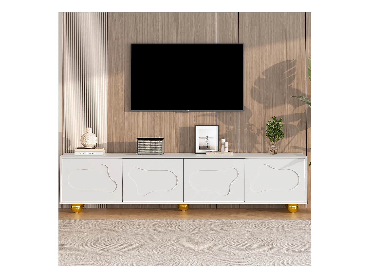 Meuble TV blanc de 180 cm avec 4 portes à motifs nuages ​​et 5 pieds dorés - pour salon