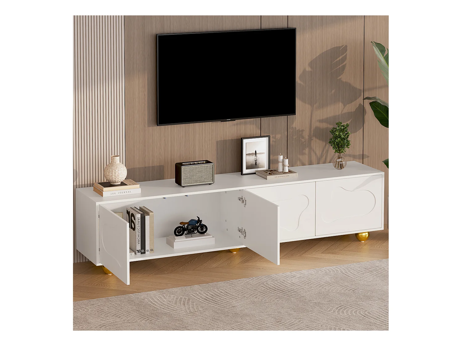 Meuble TV blanc de 180 cm avec 4 portes à motifs nuages ​​et 5 pieds dorés - pour salon