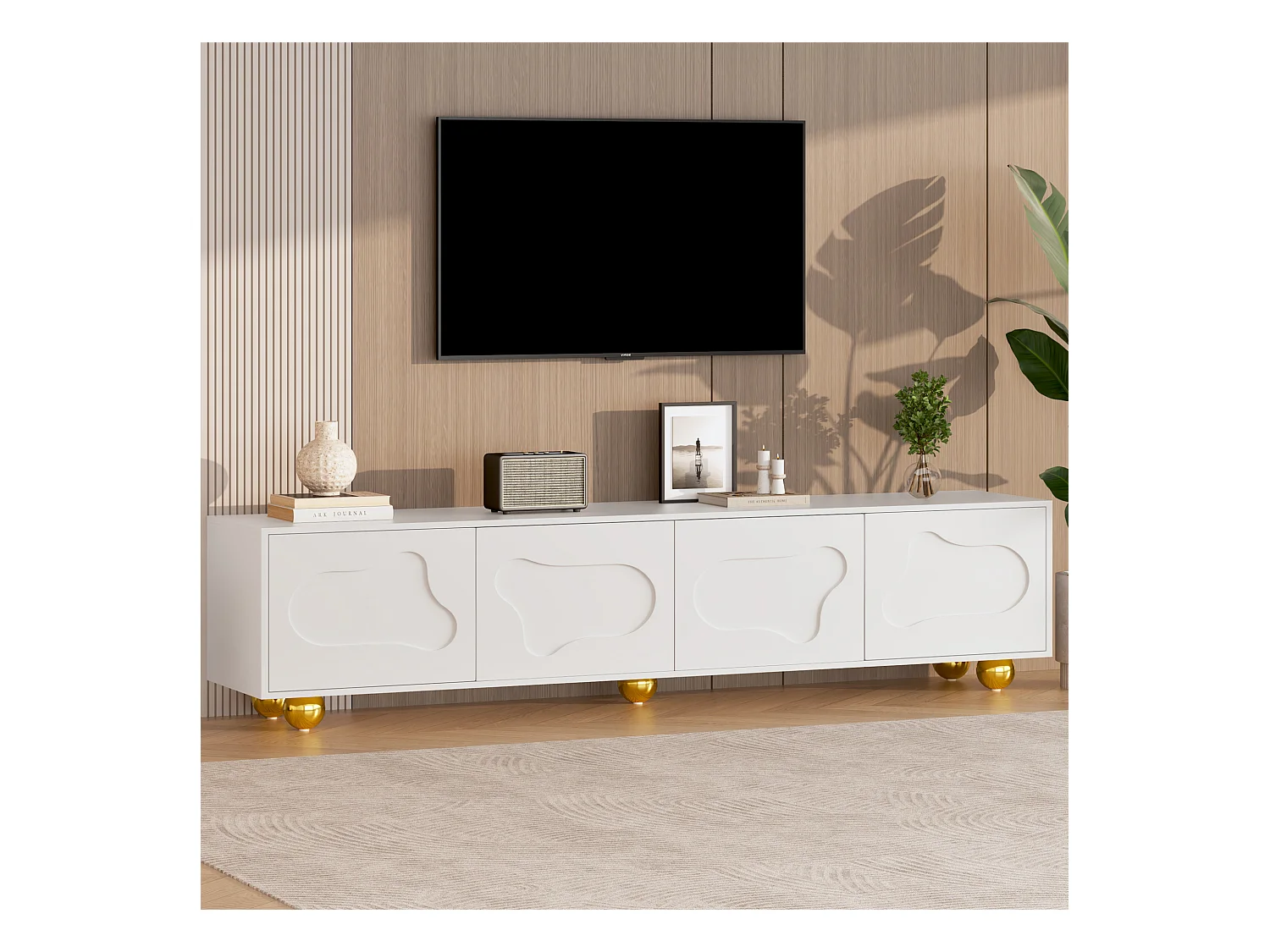 Meuble TV blanc de 180 cm avec 4 portes à motifs nuages ​​et 5 pieds dorés - pour salon