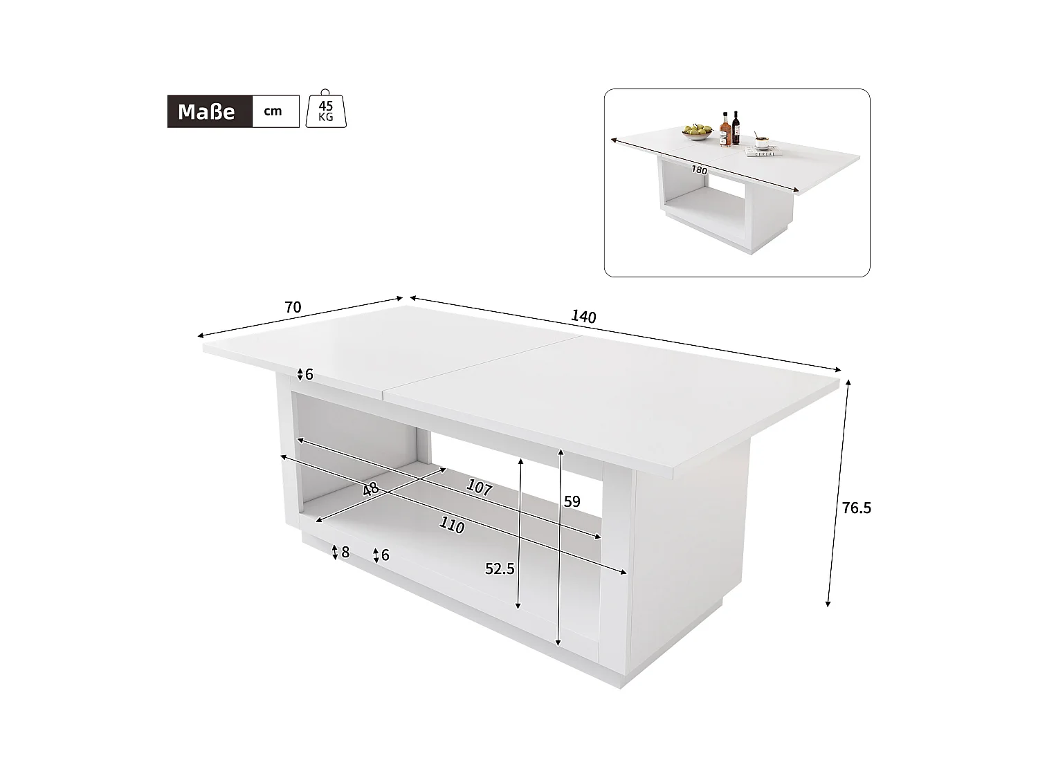 Ausziehbarer rechteckiger Esstisch 140/180 x 70 cm, weiß – Für 4 bis 6 Personen