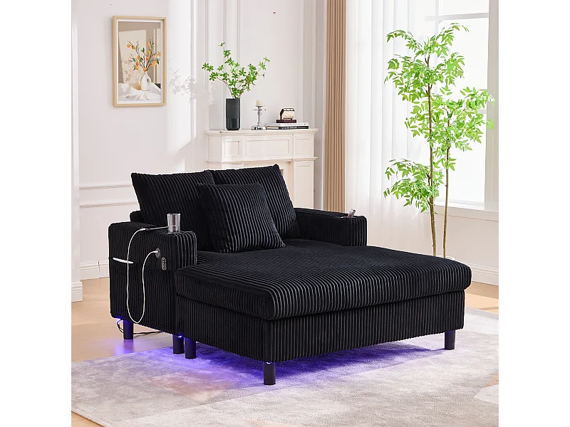 Lounge-Sofa aus schwarzem Plüsch mit USB-Anschluss, LED-Beleuchtung und Getränkehaltern