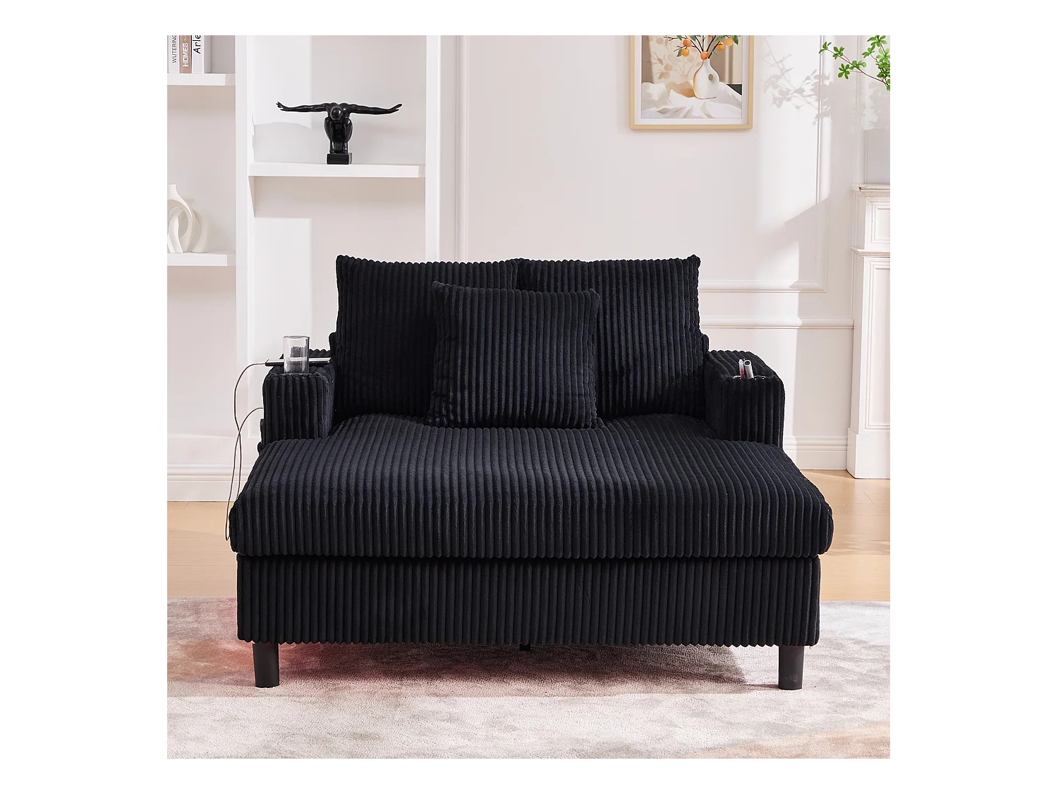 Canapé lounge en peluche noir avec port USB, éclairage LED et porte-gobelets