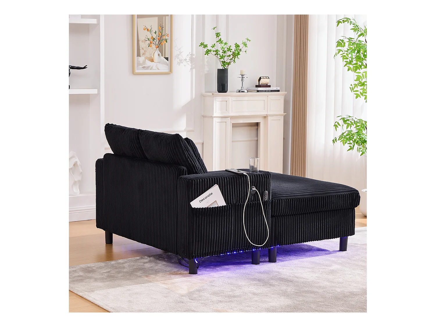 Canapé lounge en peluche noir avec port USB, éclairage LED et porte-gobelets