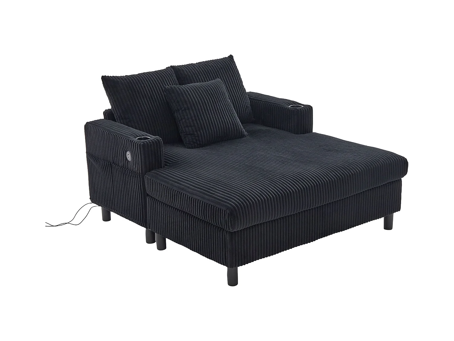 Canapé lounge en peluche noir avec port USB, éclairage LED et porte-gobelets