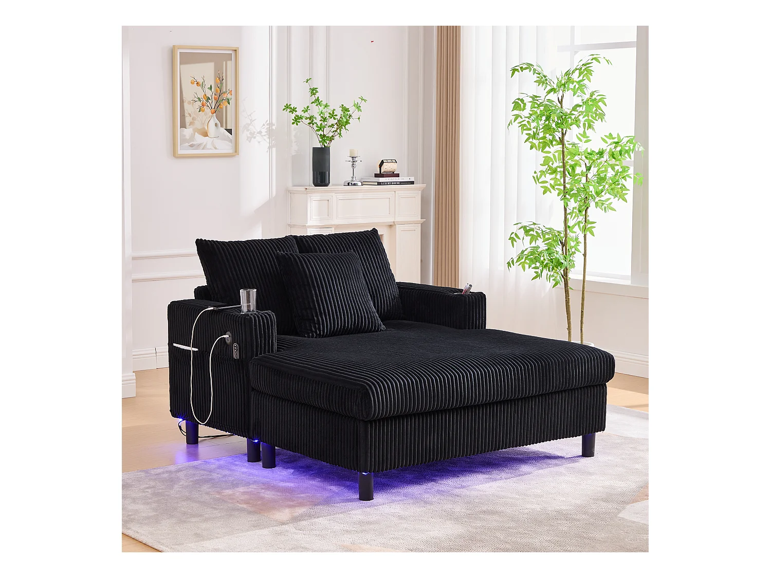 Canapé lounge en peluche noir avec port USB, éclairage LED et porte-gobelets