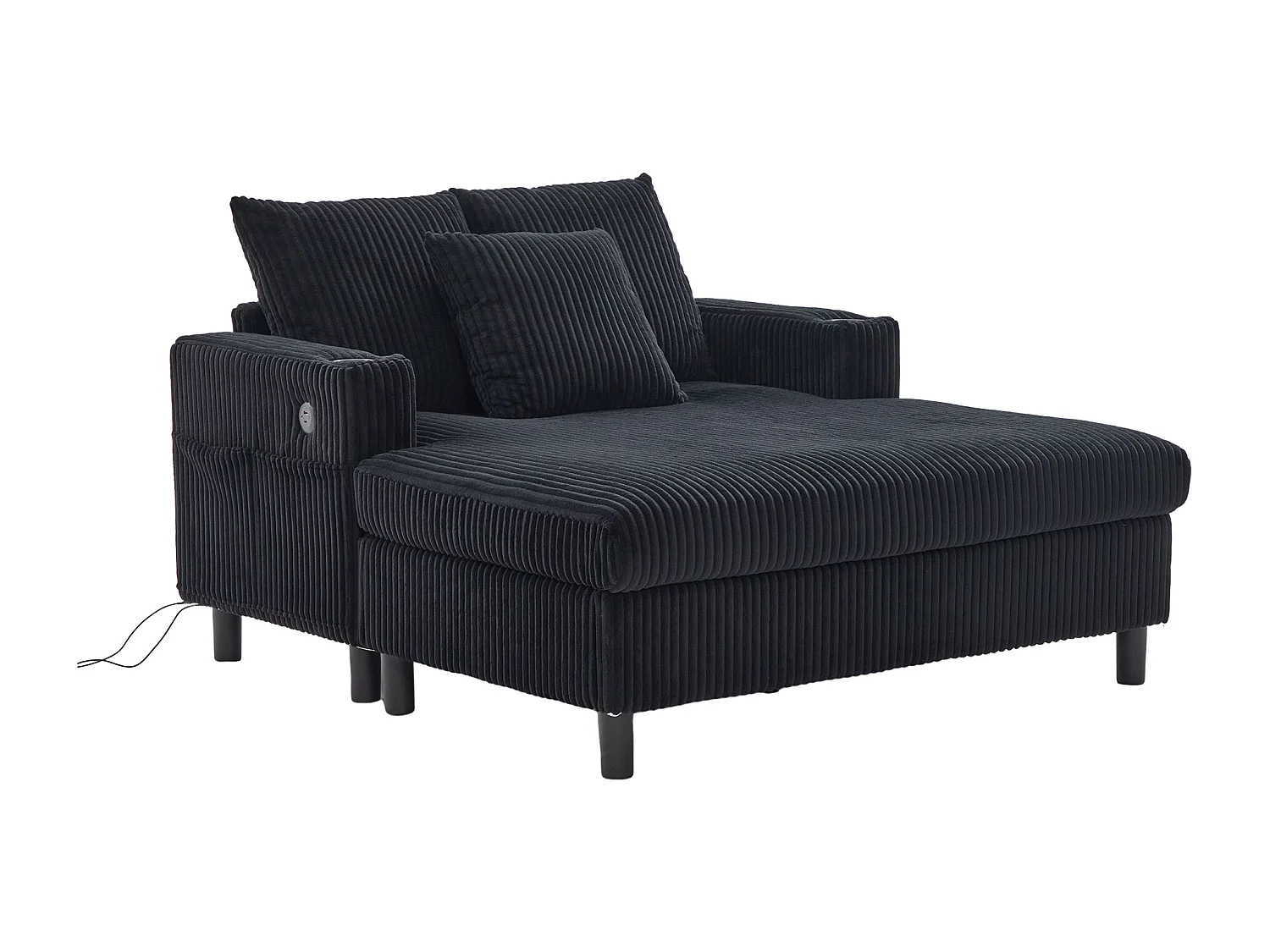 Divano lounge in peluche nero con porta USB, illuminazione LED e portabicchieri