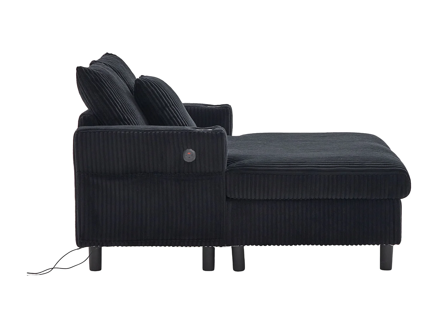 Divano lounge in peluche nero con porta USB, illuminazione LED e portabicchieri