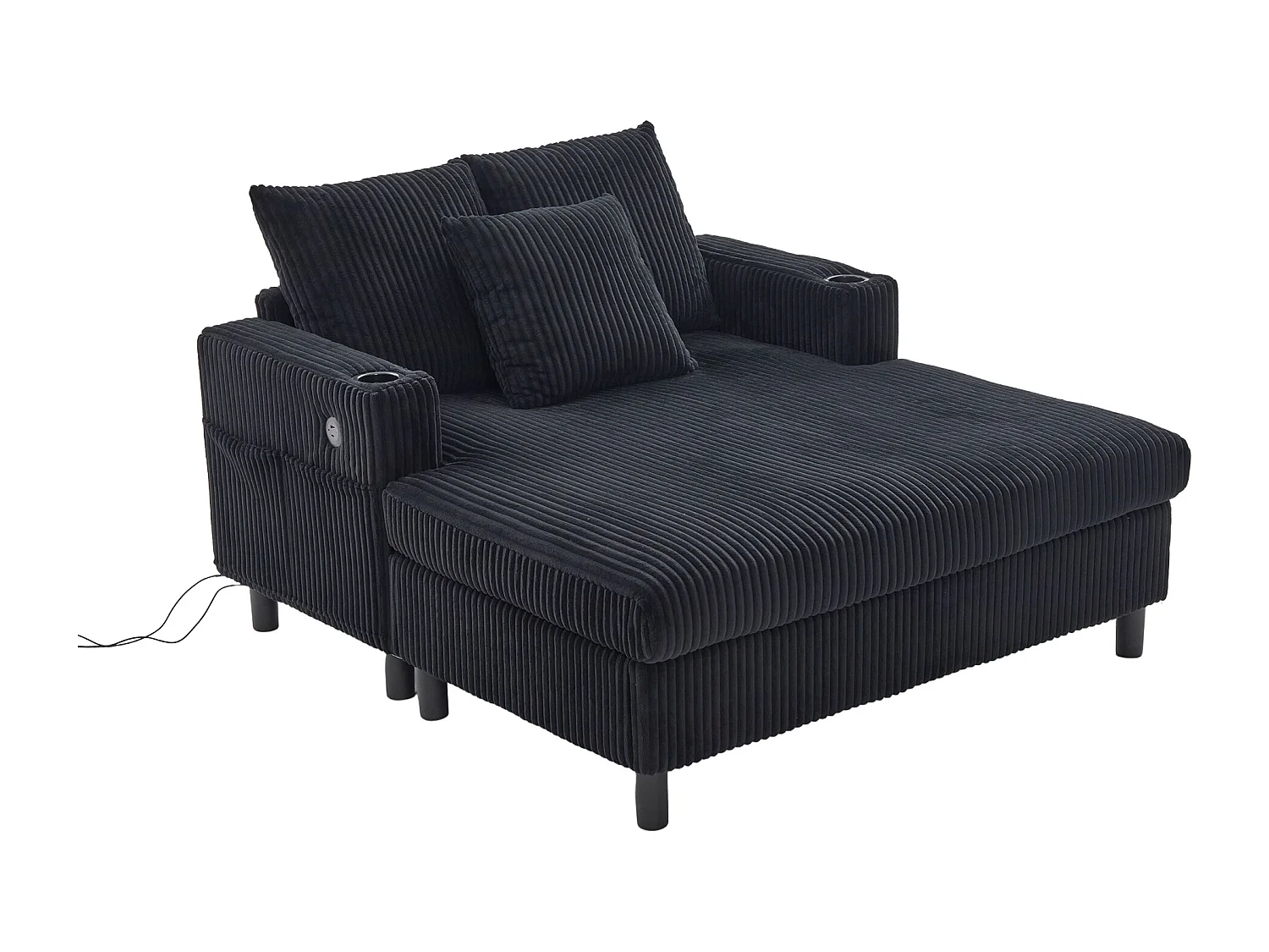 Divano lounge in peluche nero con porta USB, illuminazione LED e portabicchieri