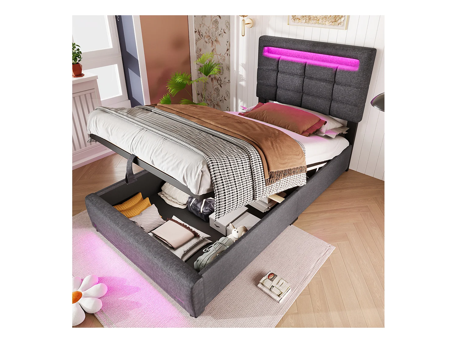 Letto contenitore per adulti 90x200 cm con illuminazione LED e porta USB, lino grigio - senza materasso