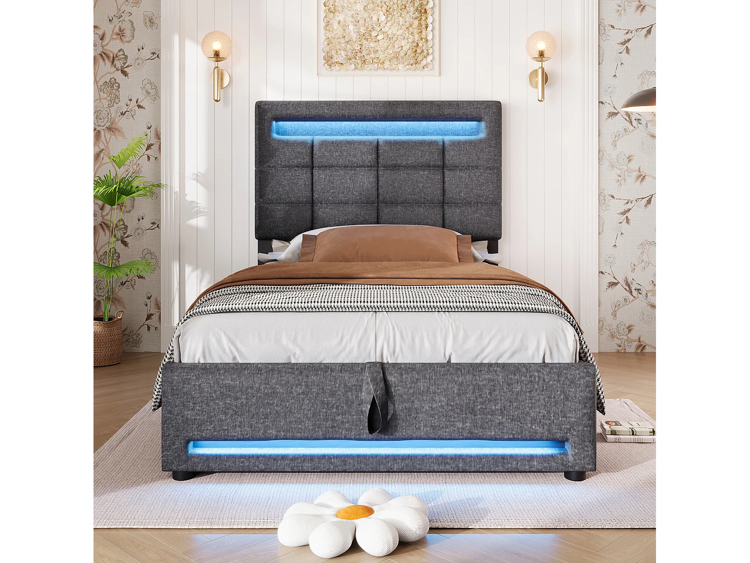 Letto contenitore per adulti 90x200 cm con illuminazione LED e porta USB, lino grigio - senza materasso