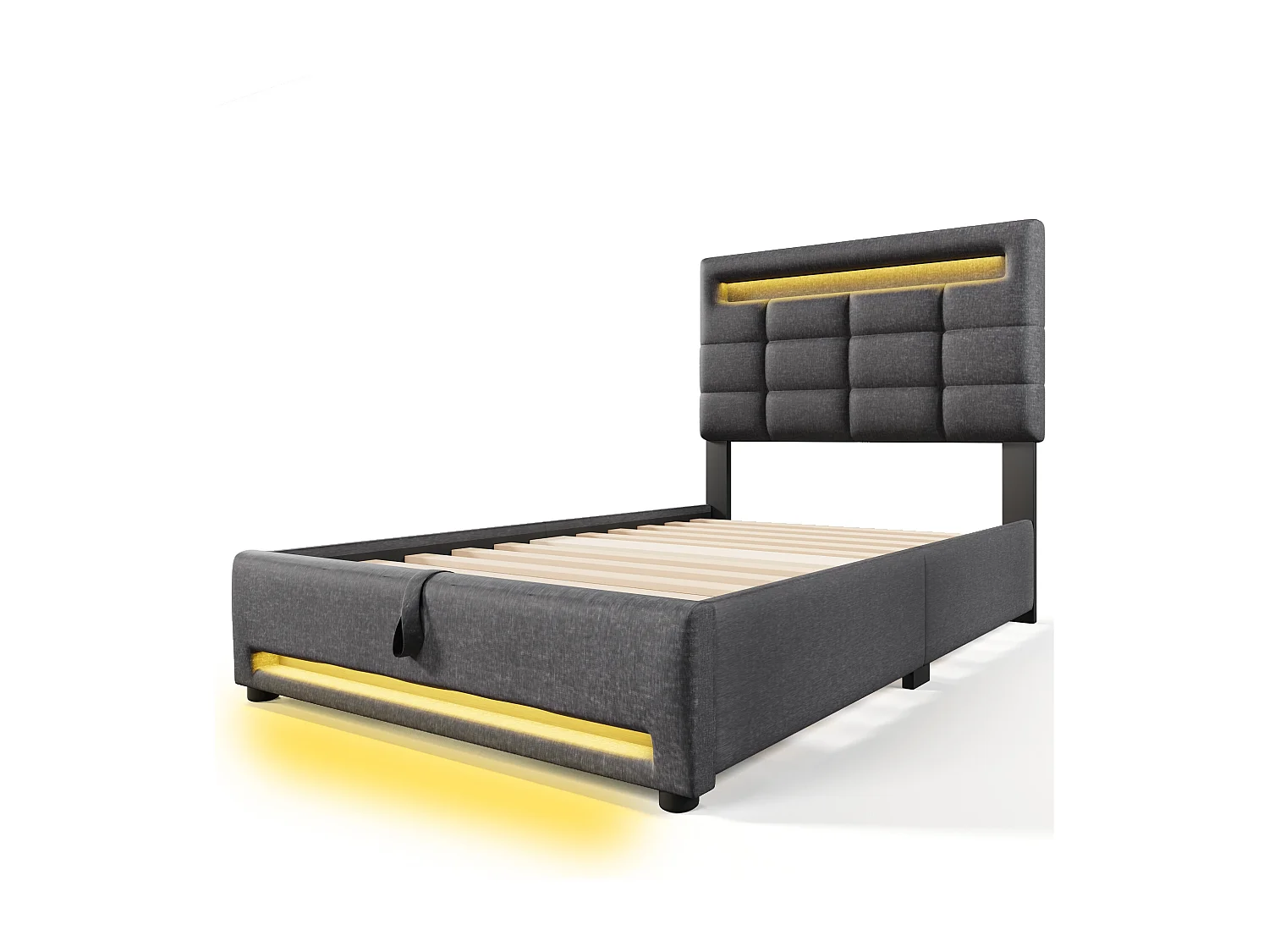 Letto contenitore per adulti 90x200 cm con illuminazione LED e porta USB, lino grigio - senza materasso