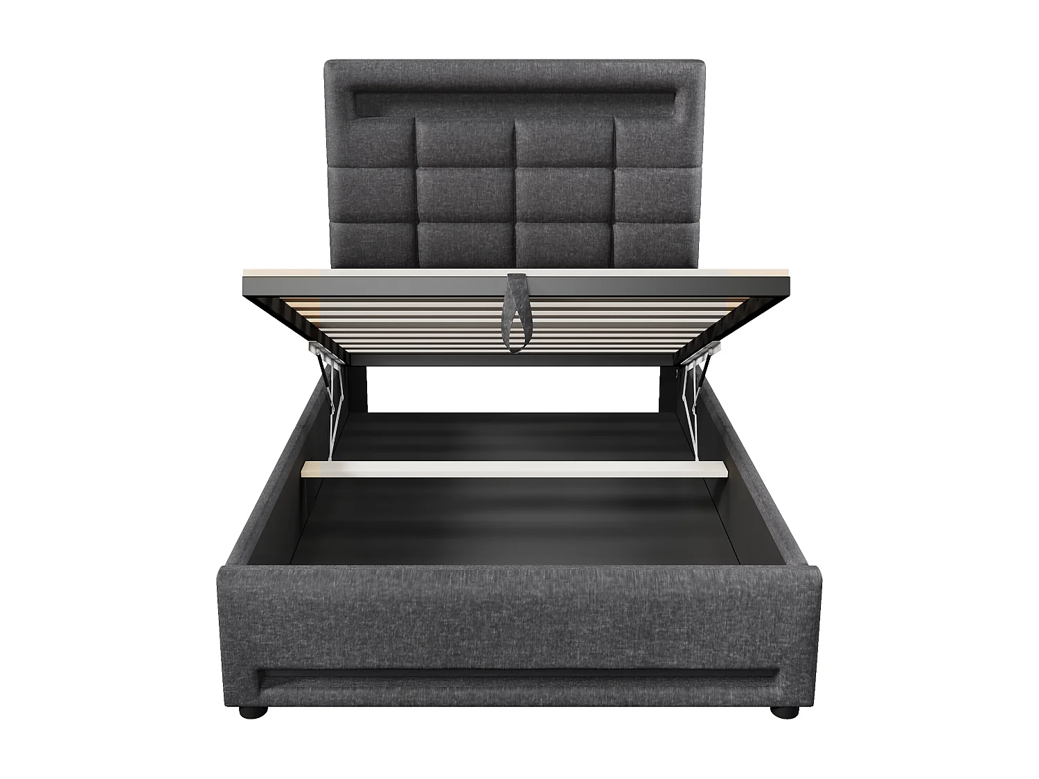 Lit coffre adulte 90x200 cm avec éclairage LED et port USB, lin gris - sans matelas