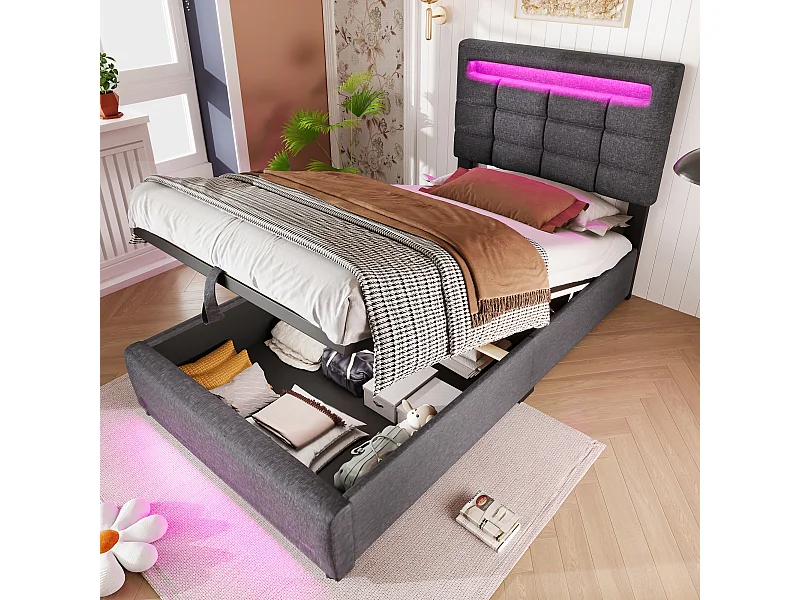 Volwassen opbergbed 90x200 cm met LED-verlichting en USB-poort, grijs linnen - zonder matras