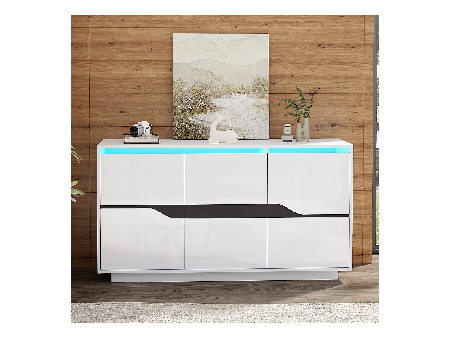 Buffet LED avec 3 portes de rangement et étagères réglables - Blanc et noir