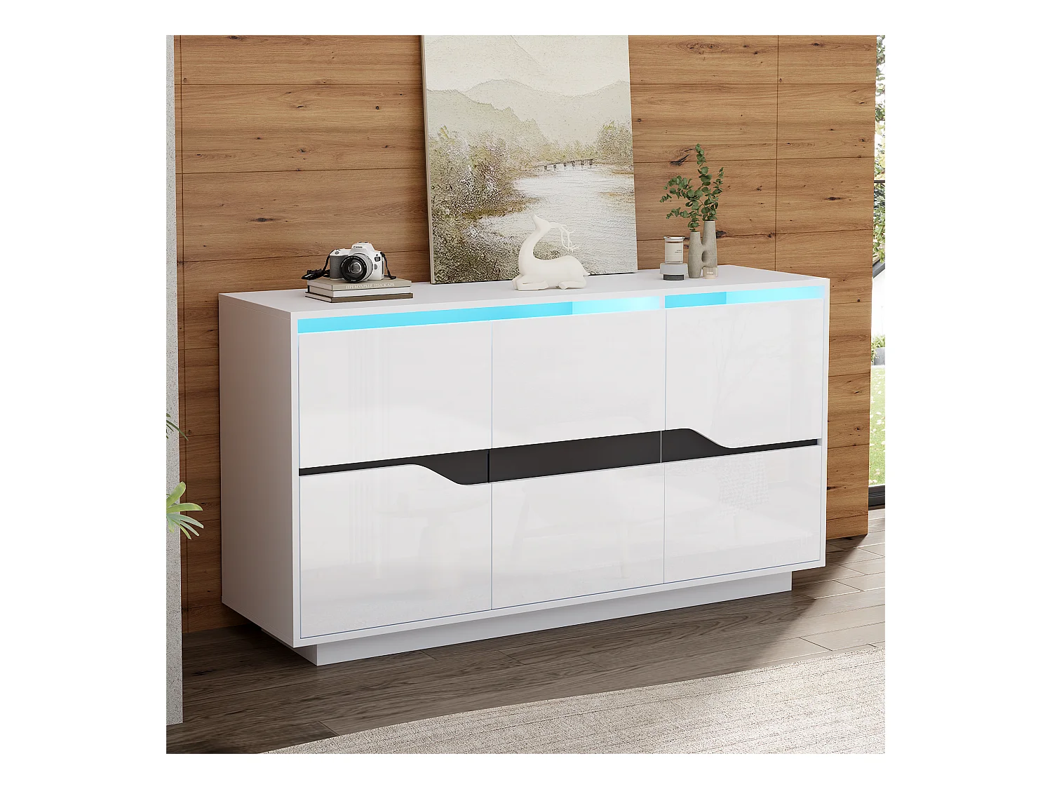 LED-Sideboard mit 3 Türen und verstellbaren Einlegeböden – Weiß und Schwarz