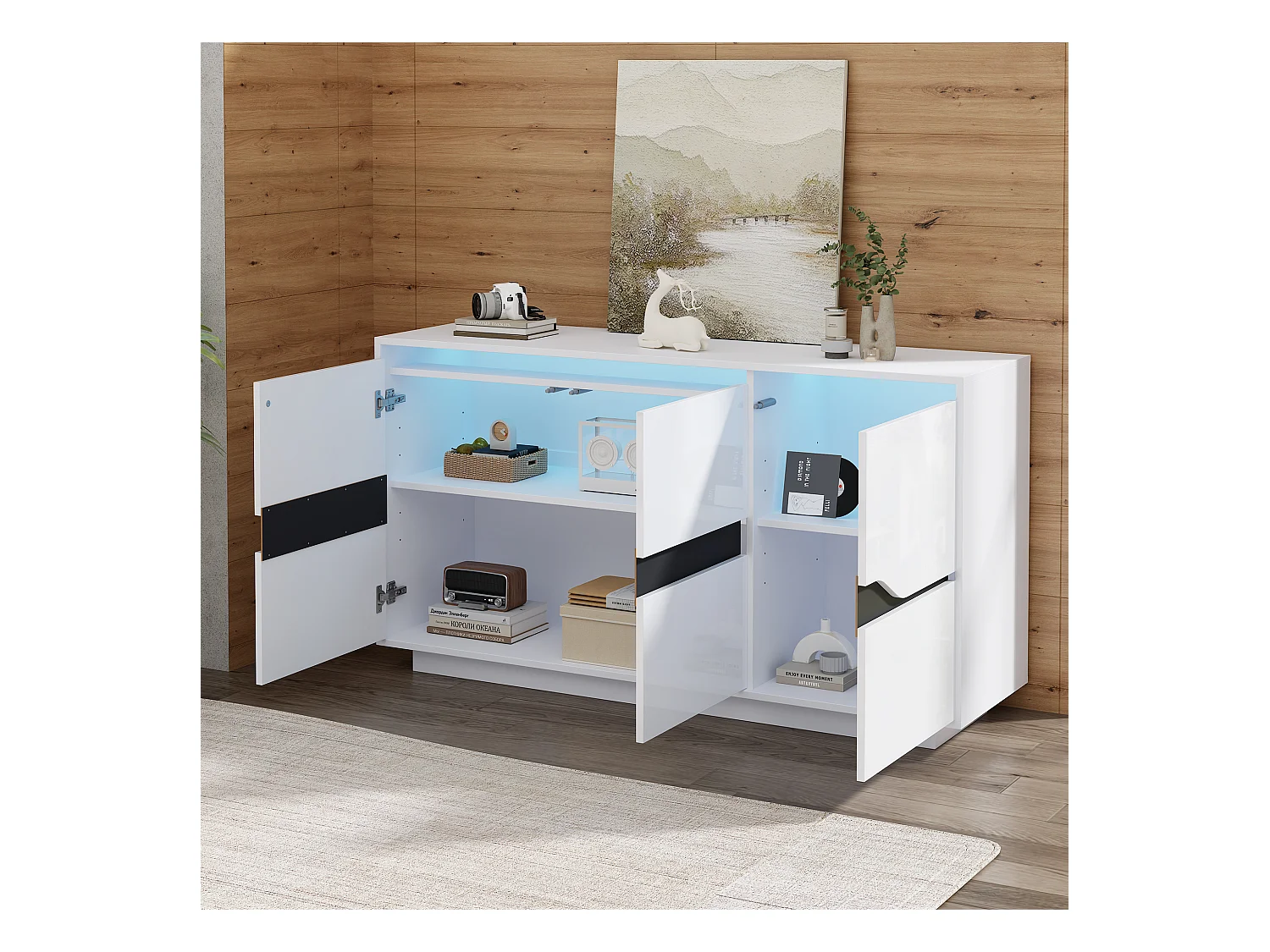 LED-Sideboard mit 3 Türen und verstellbaren Einlegeböden – Weiß und Schwarz