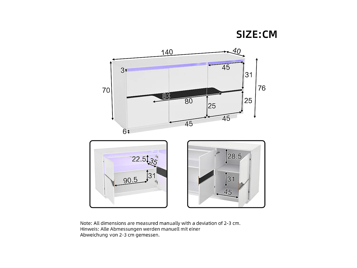 LED-Sideboard mit 3 Türen und verstellbaren Einlegeböden – Weiß und Schwarz