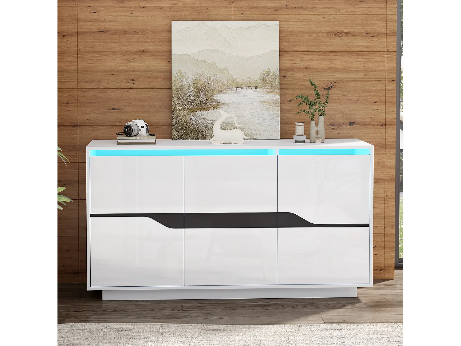 Credenza LED con 3 ante e ripiani regolabili – Bianco e nero