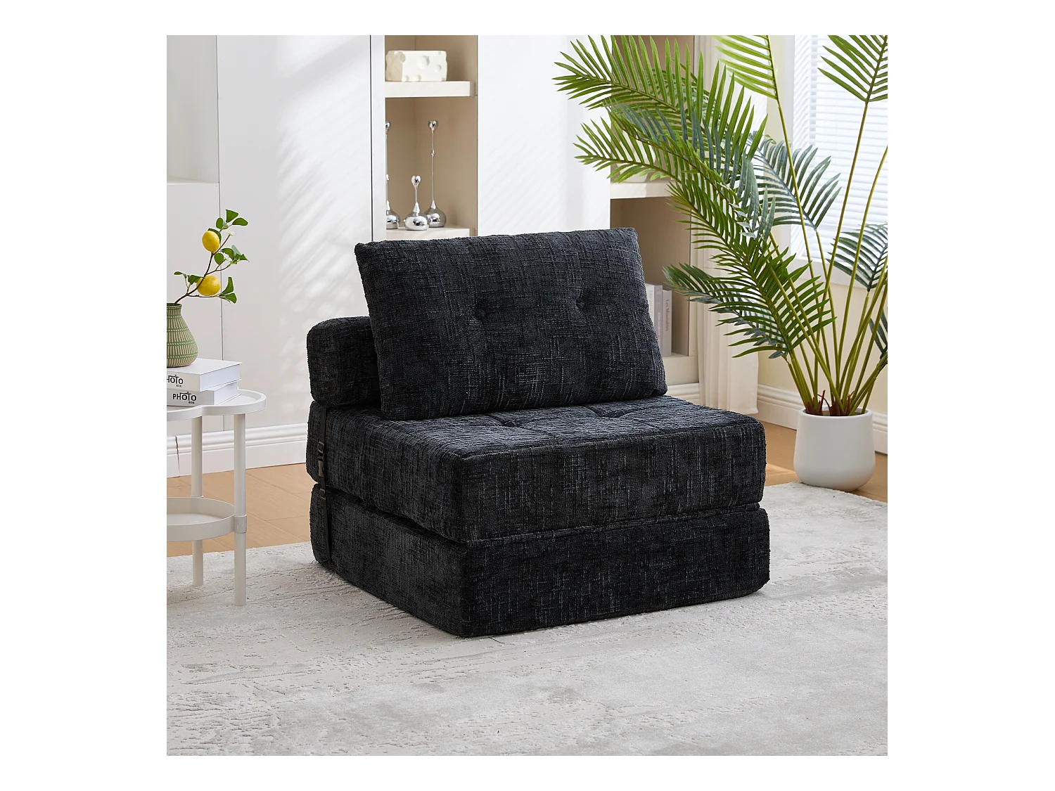 Canapé convertible avec coussins lombaires et appui-tête, chenille noire - pour salon et chambre