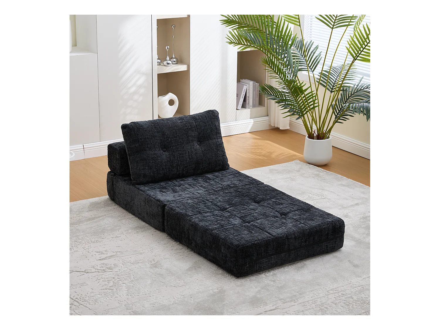Canapé convertible avec coussins lombaires et appui-tête, chenille noire - pour salon et chambre