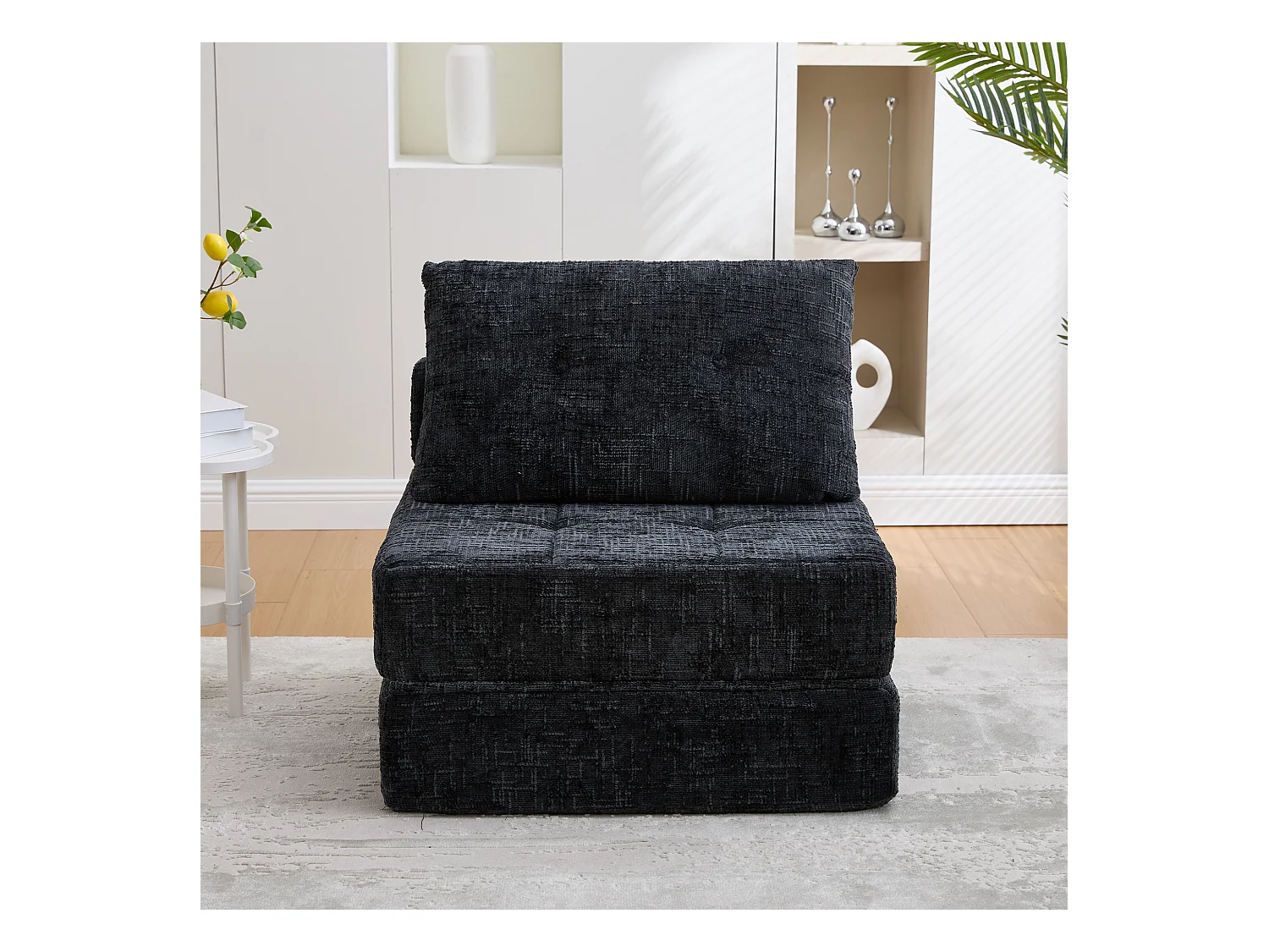 Canapé convertible avec coussins lombaires et appui-tête, chenille noire - pour salon et chambre