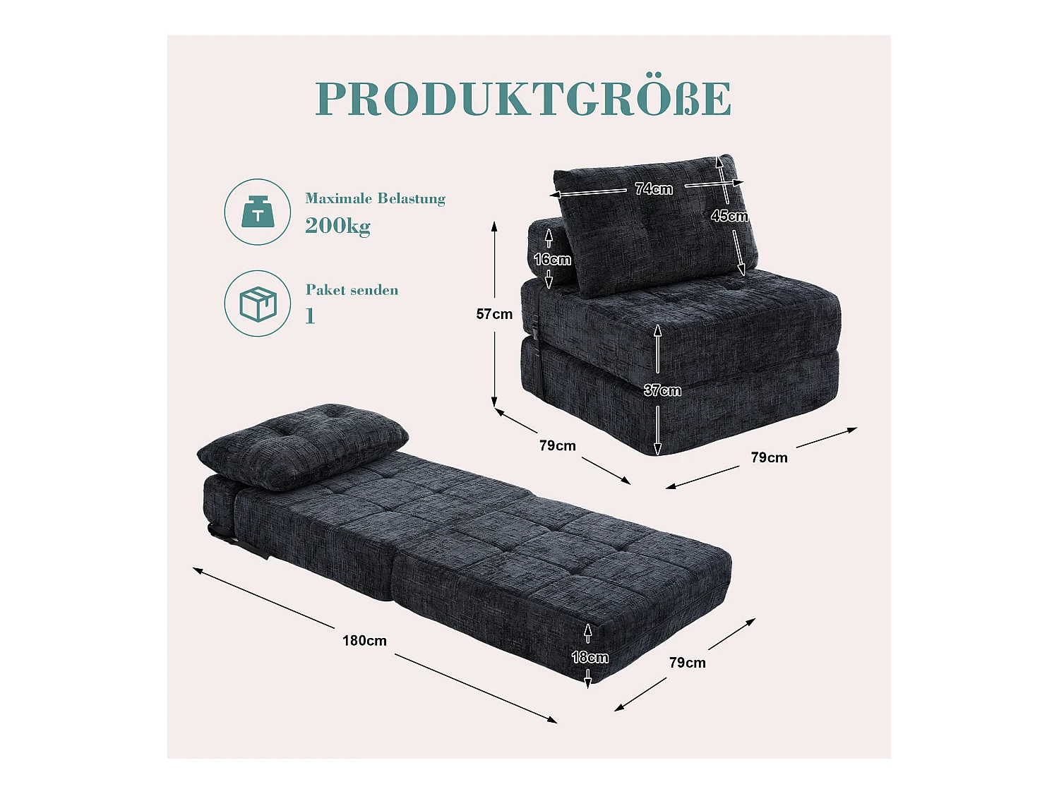 Canapé convertible avec coussins lombaires et appui-tête, chenille noire - pour salon et chambre