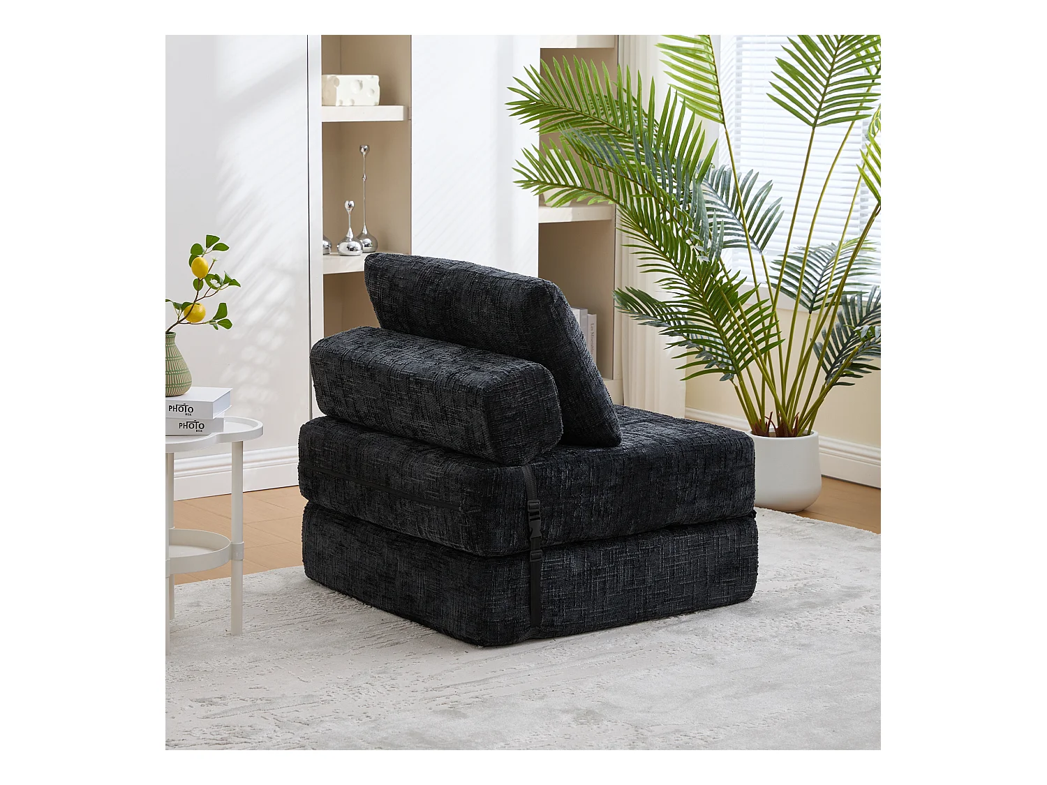Canapé convertible avec coussins lombaires et appui-tête, chenille noire - pour salon et chambre
