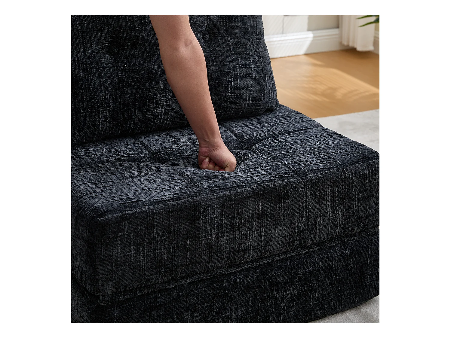 Canapé convertible avec coussins lombaires et appui-tête, chenille noire - pour salon et chambre
